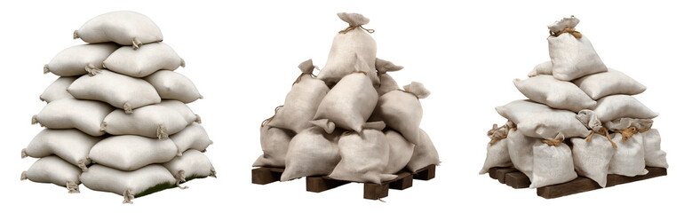Set of various Pile of sandbags isolated on transparent background