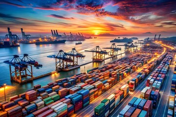 A bustling container port at sunset, with cranes and ships loading cargo for global trade