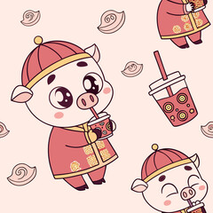 Seamless vector pattern of cute baby pigs drinking bubble tea in traditional outfits for kawaii gifts and nursery decor

