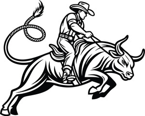 Obraz premium Rodeo Cowboy Riding Bull – Vintage Western Vector Illustration