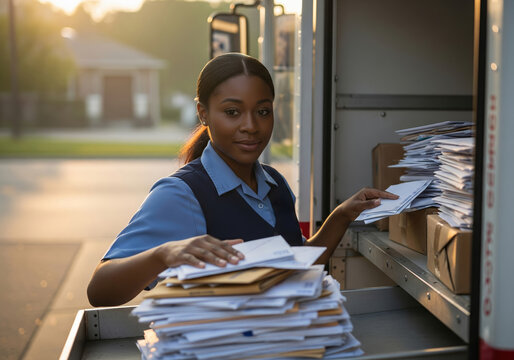 A professional Black female mail carrier in her uniform stands at the back of her delivery truck, diligently sorting stacks of letters and envelopes for her route in a suburban neighborhood.  - Powered by Adobe