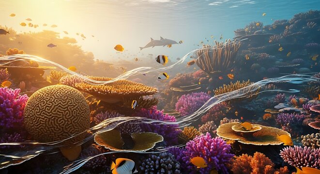 A vibrant coral reef ecosystem teeming with marine life, showcasing the immersive appeal of the underwater world with golden sunlight.