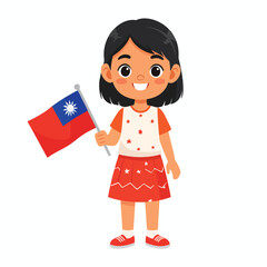 A young girl cheerfully holds and waves the flag of Taiwan, smiling.
