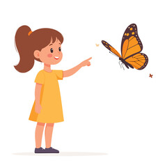 A young girl in a yellow dress points at a beautiful monarch butterfly.