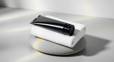 Black Tube on White Towel Rolled on Smooth Stone with Soft Lighting Minimalist Bathroom Decor