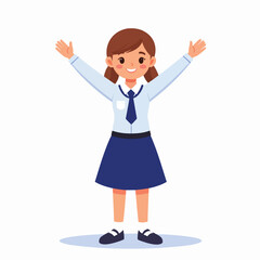 A cheerful schoolgirl in uniform stands with arms outstretched, smiling happily.