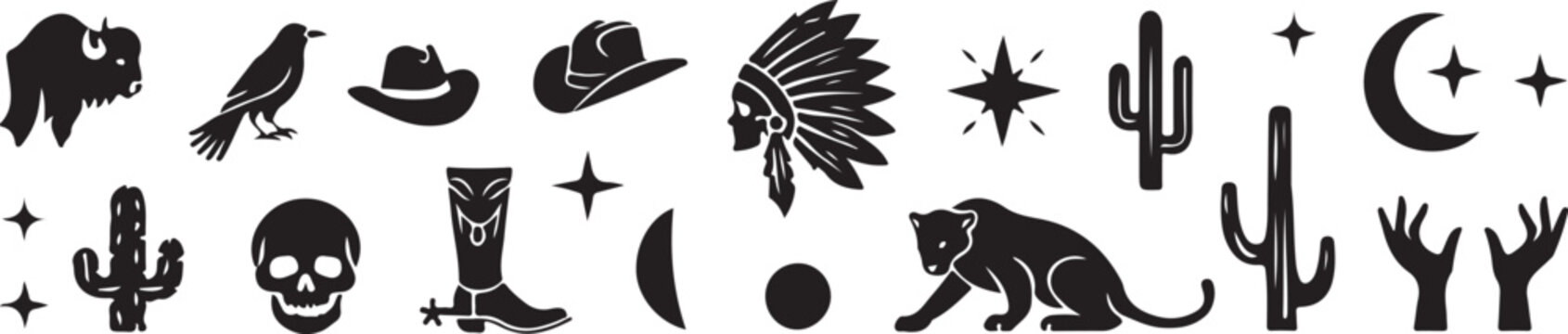 Bison crow cowboy hat skull cactus moon panther hands western hat