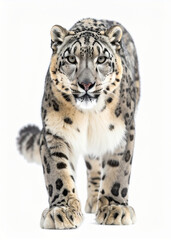 Obraz premium A snow leopard with a striking coat walks forward, its piercing eyes focused directly ahead against a bright, clean background.