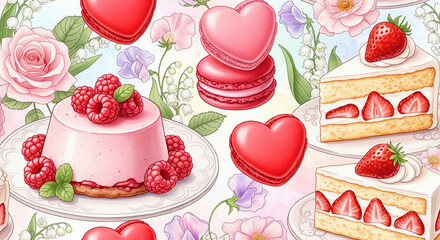 A sweet and romantic seamless pattern illustration featuring delicious desserts like strawberry shortcake, raspberry mousse, and heart-shaped macarons, surrounded by pink roses and lily of the valley,