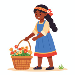 A young girl with a basket of colorful flowers, smiling happily.