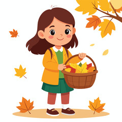 A cartoon girl holding a basket full of colorful autumn leaves, with a tree branch overhead.