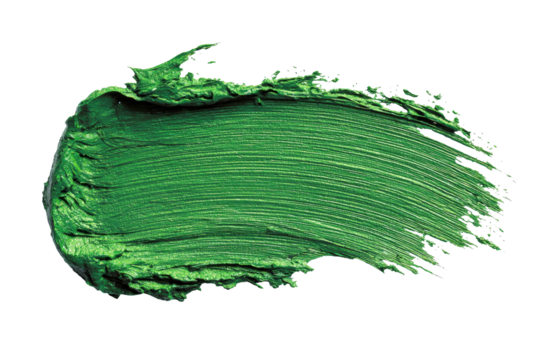 A vibrant emerald green paint stroke against a black background.  The stroke is textured, with visible brush marks and a slightly uneven surface.  It curves in a loose, flowing pattern