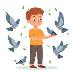 A young boy stands smiling, holding a pigeon on his hand, surrounded by flying pigeons and green leaves.