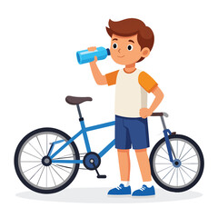 A young boy takes a drink of water while standing next to his bicycle.