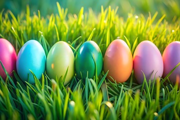 A row of colorful easter eggs nestled in lush green grass, glistening in the morning sunlight