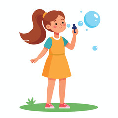 A young girl with brown hair blowing soap bubbles in a yellow dress on a green patch.