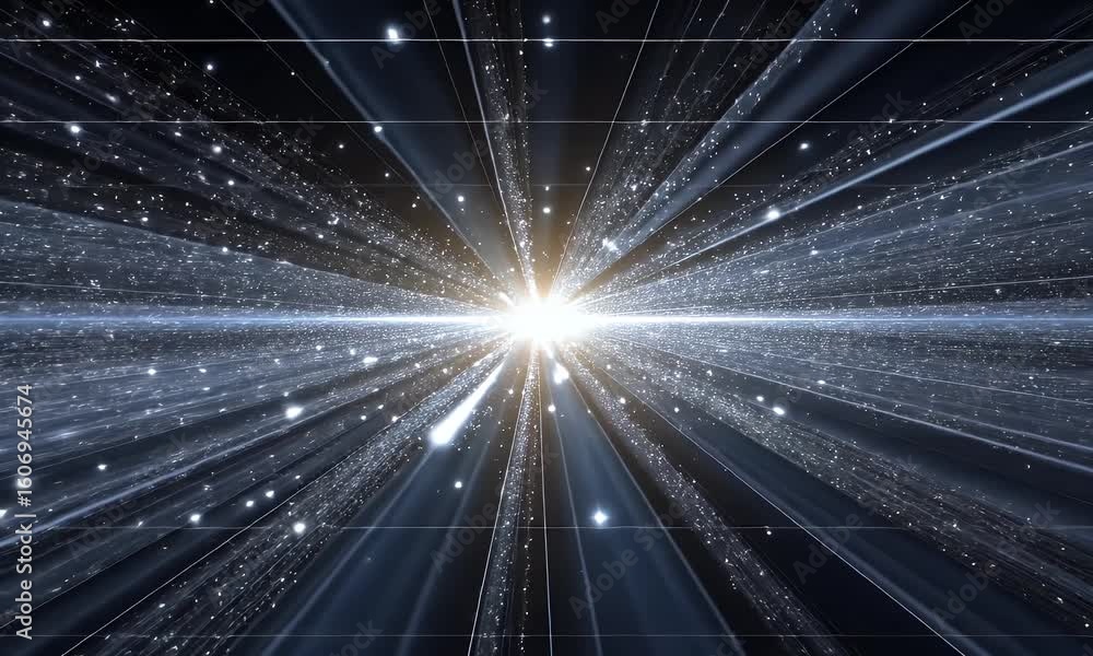 Sticker intense burst of radiant light rays and glowing particles in a dark cosmic space background featurin
