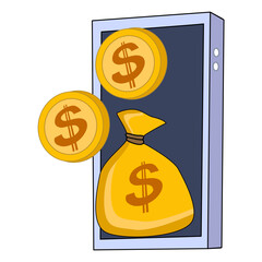 Digital Wallet with Dollar Coins and Money Bag illustration