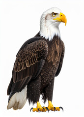 Obraz premium Majestic bald eagle standing, profile view, against a white background, showcasing its powerful physique and striking plumage.