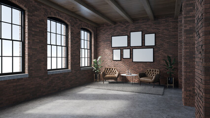 A modern industrial loft living room features exposed brick walls, large windows, brown leather armchairs, and contemporary furniture with natural lighting and minimalist decor elements.
