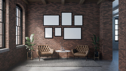 A modern industrial loft living room features exposed brick walls, large windows, brown leather armchairs, and contemporary furniture with natural lighting and minimalist decor elements.