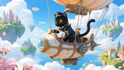Black cat pilot in captain's uniform flying a vintage airship over whimsical floating islands with colorful buildings and pastel flowers, a charming and adventurous illustration