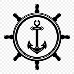 Vector Vintage Anchor and Helm Wheel. Nautical Marine Steering Black Icon, Logo, Captain Tattoo Design, Sailing Club Emblem, Sea Adventure Symbol, Retro Maritime Badge, Ship Wheel Silhouette Clipart