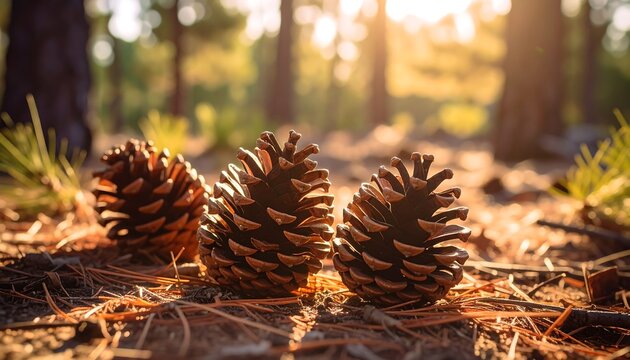 Three Pine Cones on Forest Floor in Golden Sunlight, Close-Up View