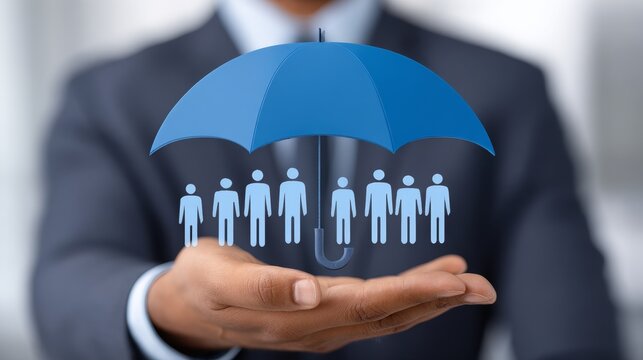 Corporate leader providing umbrella protection for team business home insurance concept teamwork metaphor in office environment