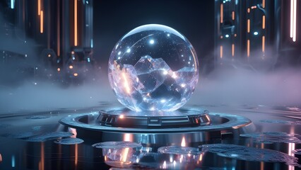 "Glowing Futuristic Orb on Chrome Surface"
