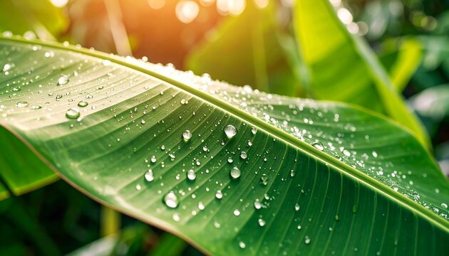 Dew Drops on Banana Leaf, Fresh Green Foliage, Sunlight - Powered by Adobe