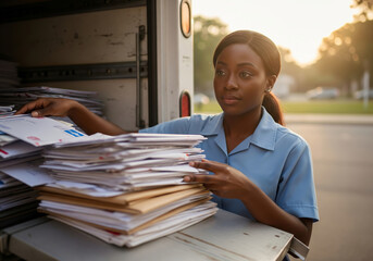 A professional Black female mail carrier in her uniform stands at the back of her delivery truck, diligently sorting stacks of letters and envelopes for her route in a suburban neighborhood. 