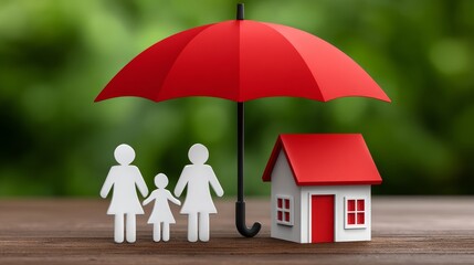 Protective umbrella offering family insurance coverage for home and business conceptual metaphor of teamwork