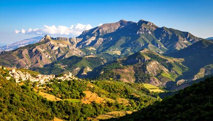 Obraz premium Panoramic mountain vista with valley village