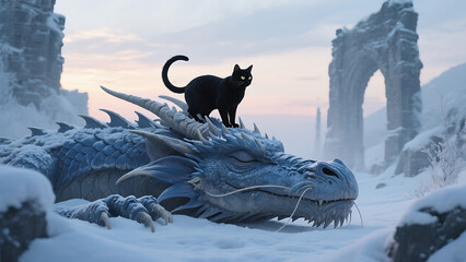 Black cat sitting on a sleeping blue dragon in a snowy fantasy landscape, magical winter scene with ancient ruins in background
