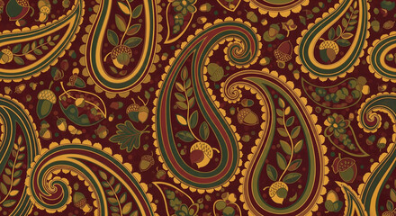 An elegant and intricate seamless paisley pattern with an autumn theme, featuring classic boteh shapes interwoven with oak leaves and acorns. 