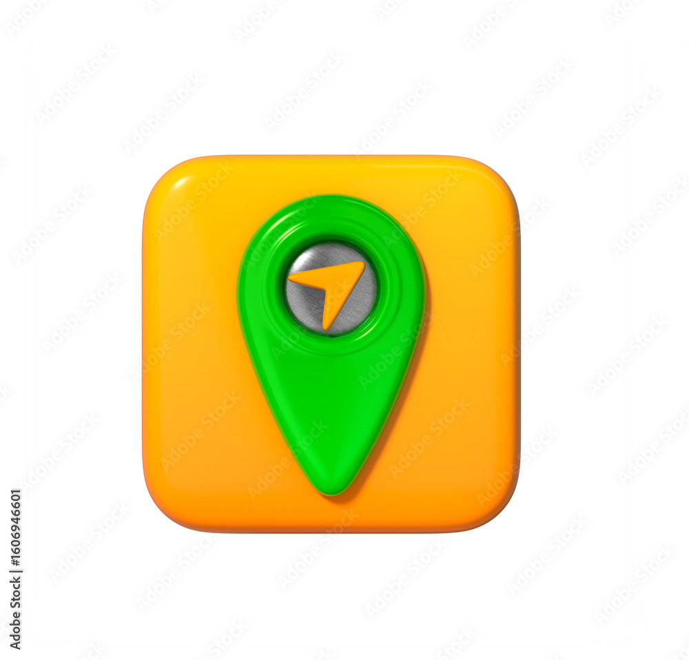 Poster bright green 3d location pin icon on orange square button; modern app design element