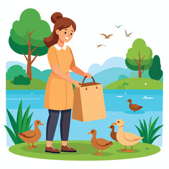 A woman is feeding ducks by a lake, holding a brown paper bag, with trees and mountains in the background.
