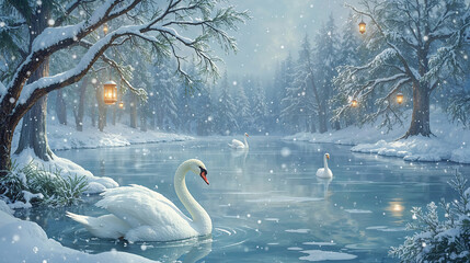 Beautiful white swans swimming on a frozen lake in a snowy forest with hanging lanterns from trees during snowfall, creating a magical winter wonderland