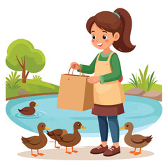A young girl is feeding ducks near a pond on a sunny day.