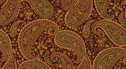 An elegant and intricate seamless paisley pattern with an autumn theme, featuring classic boteh shapes interwoven with oak leaves and acorns. 