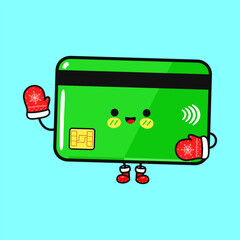 Adorable credit card cartoon character wearing mittens and boots in a cheerful pose.