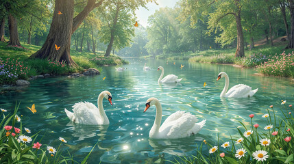 Two graceful swans are swimming in a serene lake, surrounded by lush vegetation, colorful wildflowers, and delicate butterflies, creating a tranquil and idyllic scene reminiscent of Swan Lake