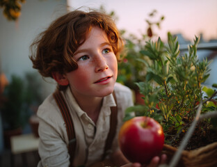 A boy with light brown curls and freckles, wearing a shirt with suspenders, reaches for a shiny red apple. potted plants. Soft light. The joy of the holiday. The Jewish New Year. Rosh Hashanah