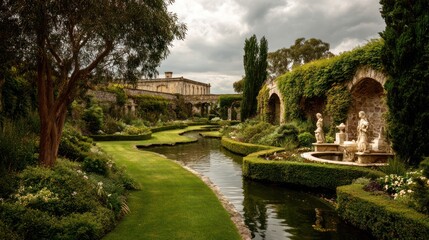 Lush garden with manicured lawns and a waterway leading to a distant stone structure