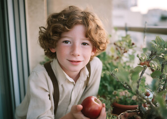 A boy with light brown curls and freckles, wearing a shirt with suspenders, reaches for a shiny red apple. potted plants. Soft light. The joy of the holiday. The Jewish New Year. Rosh Hashanah