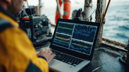 A closeup of a survey boats sonar device in action emitting sound waves into the water revealing the contours of the seabed below while a technician monitors realtime data on a laptop