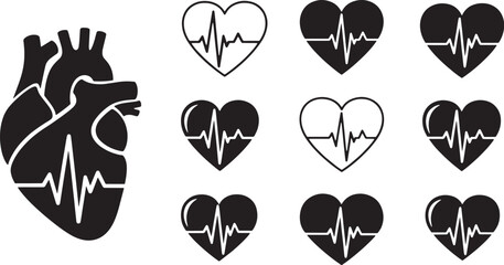 Anatomical Heart & Heartbeat Icons Set - Cardiology Vector Graphics