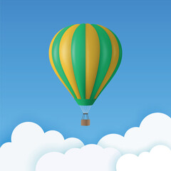 Vector Travel Banner with 3d Realistic Hot Air Balloon Icon on a Blue Sky Background. Design Template, Summer Vacation, Travelling, Tourism and Journey Concept