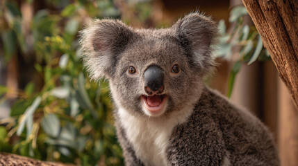 Adorable Koala Portrait with Open Mouth and Fluffy Fur in Natural Habitat